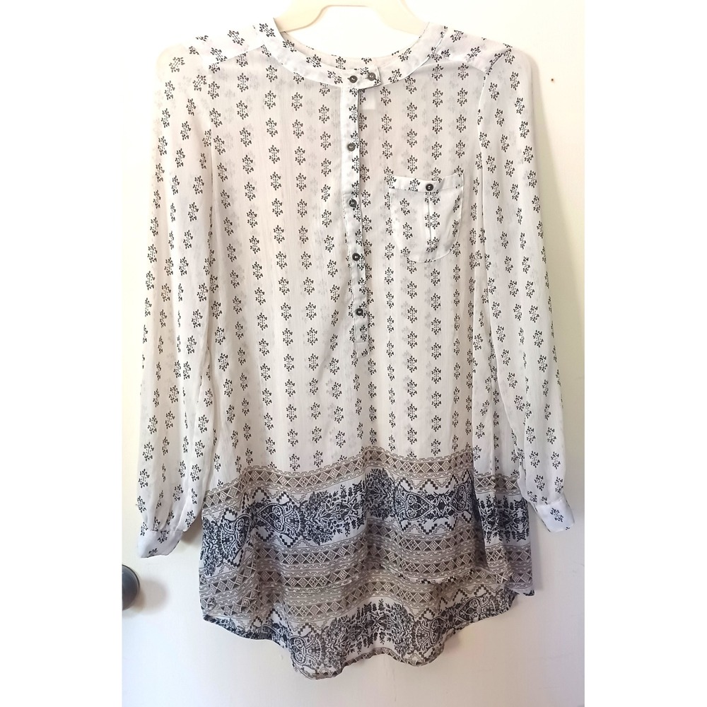 Knox Rose Tunic Blouse Women Med. White Boho Geometric Henley Sheer Southwestern
